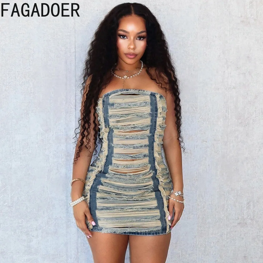 FAGADOER seksowna dżinsowa dziura Bodycon sukienka tuba kobiet bez rękawów bez rękawów bez pleców Slim Vestidos modna odzież dżinsowa gorąca