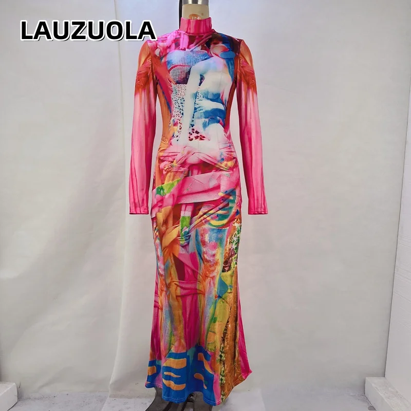 2026 New Fall Winter Fashion Print High Elastic Long Sleeve Turtleneck Dress Women Casual Club Paty Long Dresses