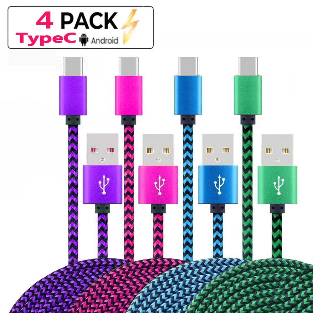 USB Type C Cable Date Sync 2.4A Fast Charging 1M 4Pack Nylon Braided Wire Charger Cable For Samsung Huawei Android Mobile Phone