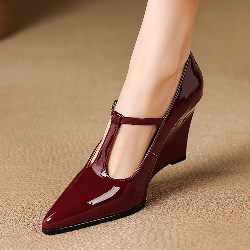 EAGSITY patent leather mary jane women's shoes wedge pointed toe ankle strap dress shoes wedding party pumps