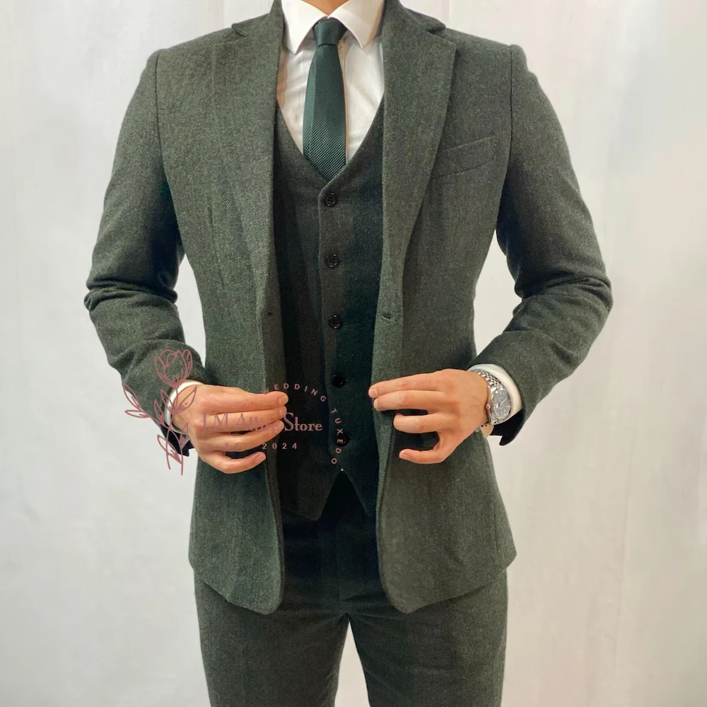 Men’s Green Herringbone 3-piece Suit Jacket Vest Trousers Tailored for Daily Wear Wedding Party Formal Occasions