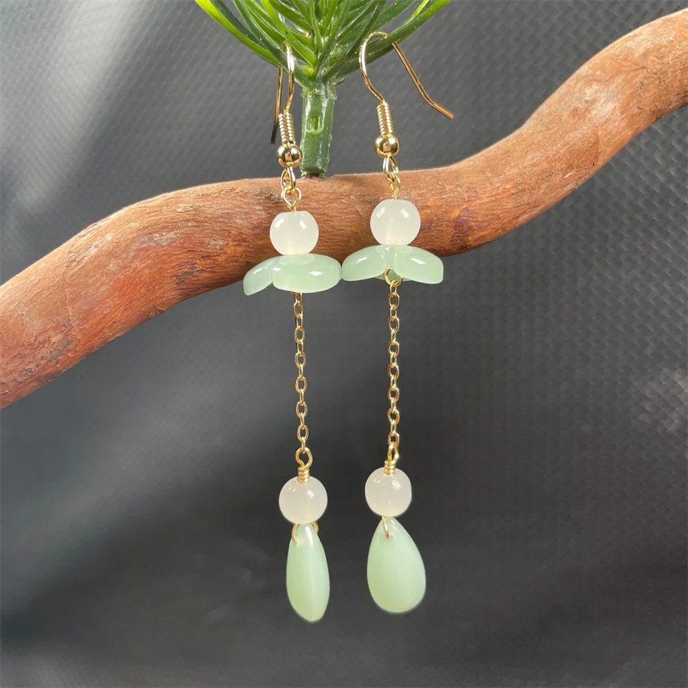 Vintage 14K Gold Green Jade Dropping Tassel Style Dangle Earring Chinese Hanging Hook Earrings for Women Girl's Gift Jewelry