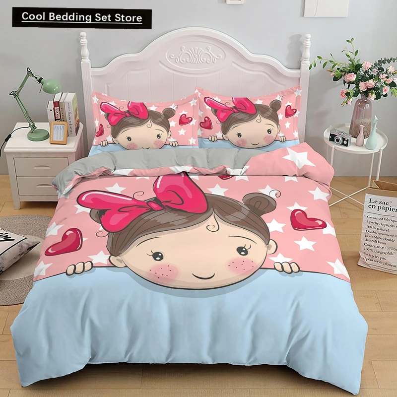 

Cartoon Lovely Girls King Queen Duvet Cover Cute Little Girl Pattern Bedding Set Kids Pink Pretty 2/3pcs Polyester Quilt Cover