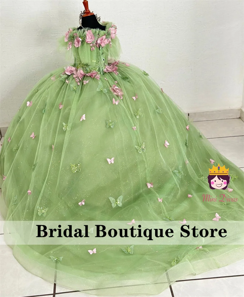 Luxury 2024 Green Flower Girls Dress Bead Sequins Ball Gown Butterfly Applique Pearls Photoshoot Birthday Gown Customized 