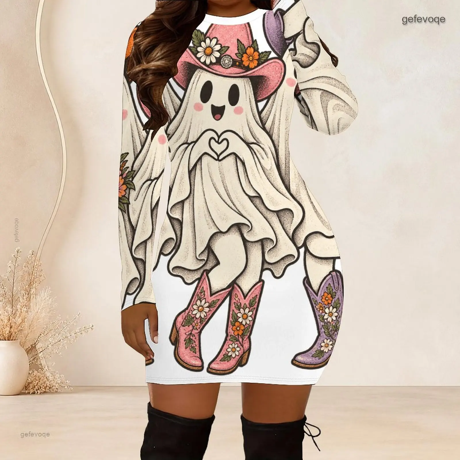 Women Crew Neck Long Sleeve Bodycon Mini Dress Slim Fitted Pencil Short Dress Custom Print Ladies Club Party Dresses