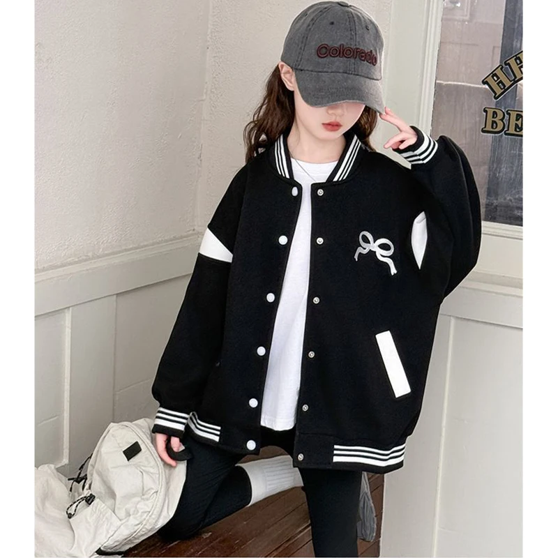 Teen Girls Casual Jacket Spring Autumn New Bowkont Letter Print Single-Breasted Baseball Coat For 5-14Y Kids Sport Outerwear - view 3