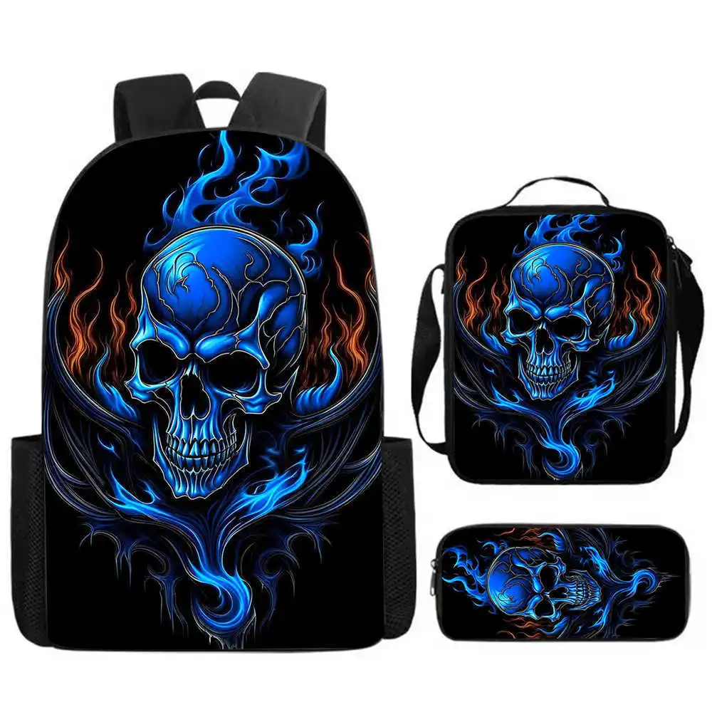 Flame Skeleton Pattern Three Piece Set Backpacks for Boy and Girls Best Gifts Cartoon School Backpack for Children Gift