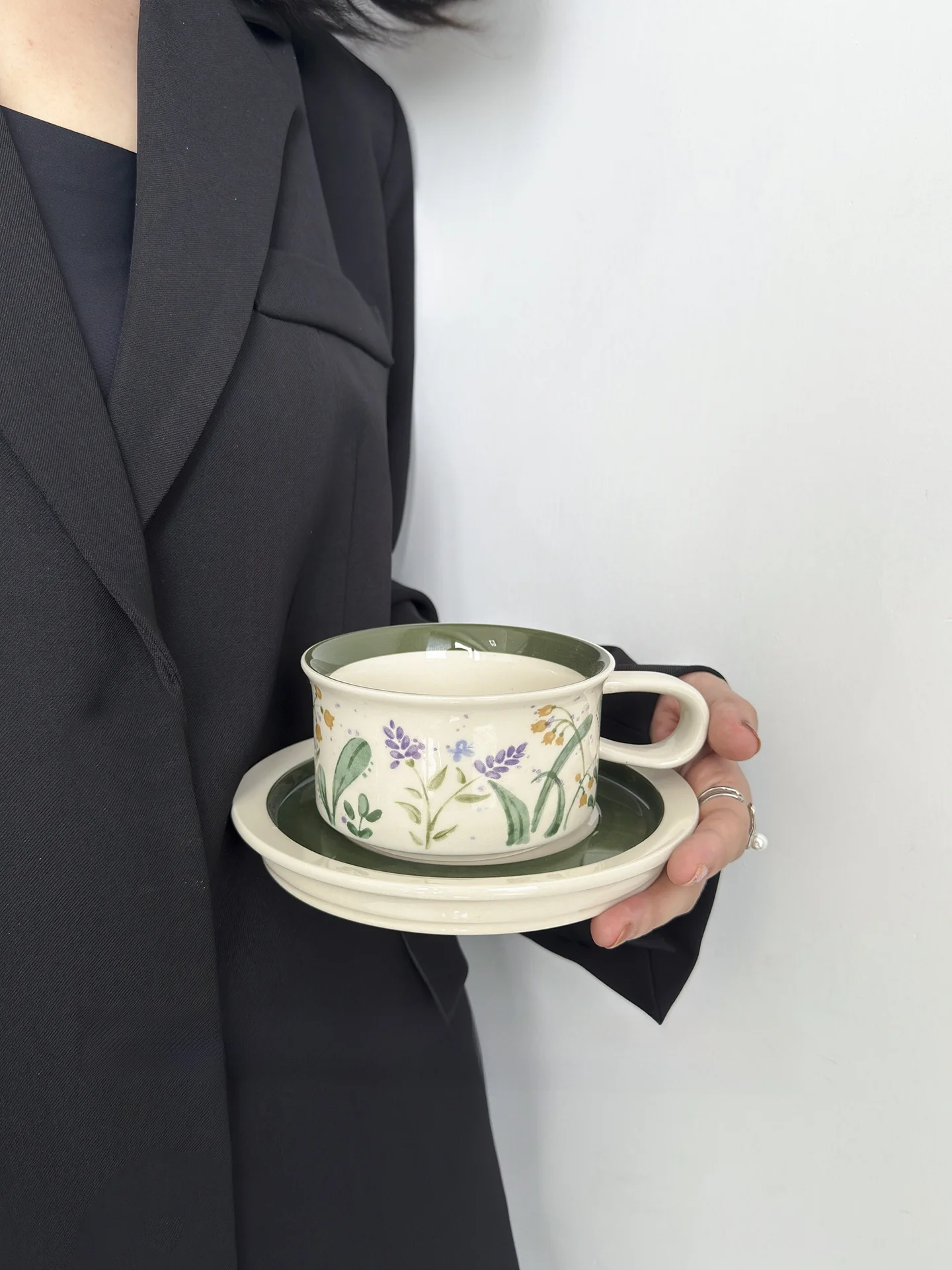 Green Garden Couple Coffee Cup Set Afternoon Tea Ceramic Cups Saucers French Style Refreshing Element Dining Coffee Utensils