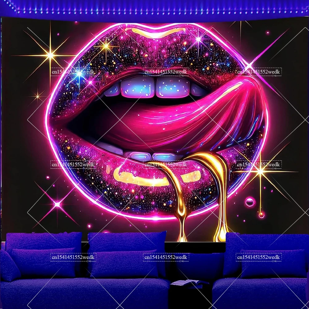 Blacklight Lip Tapestry Glowing Tapestry UV Reactive Neon Posters Wall Hanging For Living Room Party Decor Photo Shoot Props