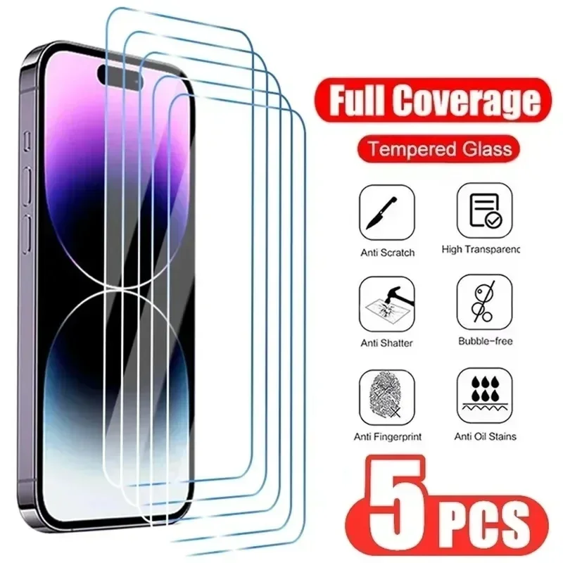 5PCS Full Cover Tempered Glass Screen Protector For iPhone 11 12 13 14 15 16 Pro Max Protection Glass For iPhone 14 15 16 Plus