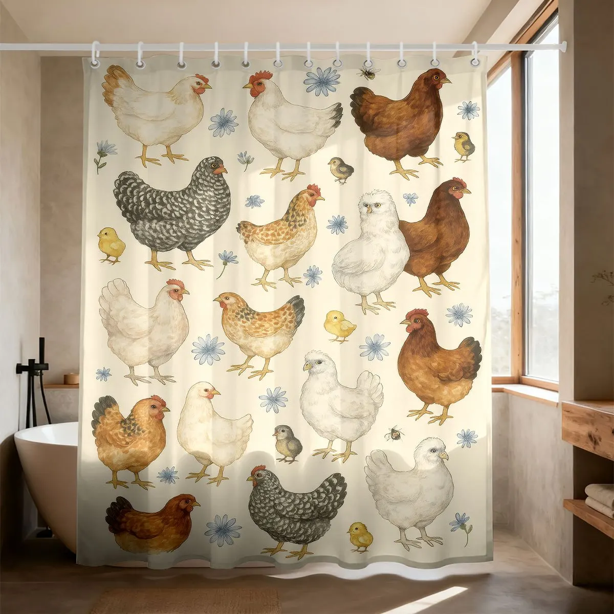Adorable Farmyard Hens And Baby Chicks With Delicate Blue Small Flowers Flannel  Soft Light Warm Plush 