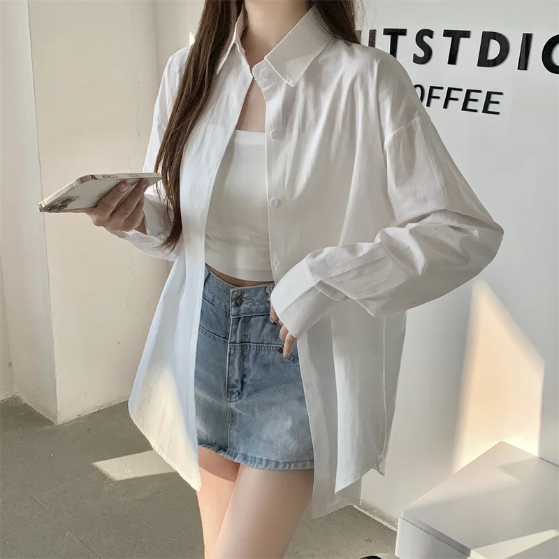 Basic Shirt for Women Long Sleeve Button Down Collared Loose-fit Plain Parisian White Shirt Spring Summer Chic Tops Outfit