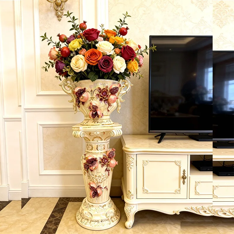 Roman column high-end floor-to-ceiling large vase simulated flower arrangement set ornament, European-style modern hotel