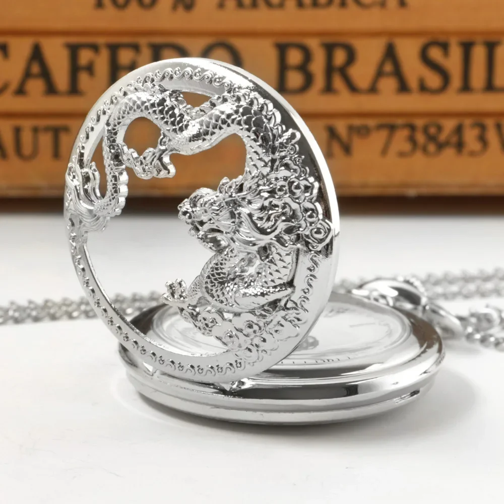 Half Hunter Hollow Silvery Dragon Design Pendant Men Women Pocket Watch Chain Cool Clock Children Gift