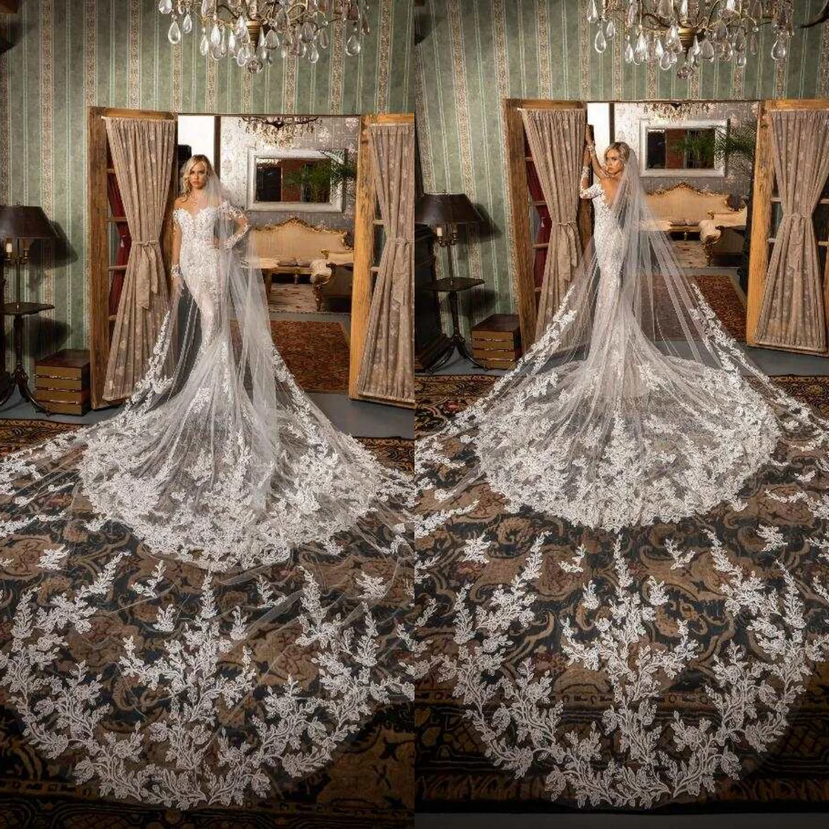 

Мечтательная свадебная фата, однослойная тюлевая аппликация с цветочным краем, длина собора, фата невесты, свадебные аксессуары на заказ