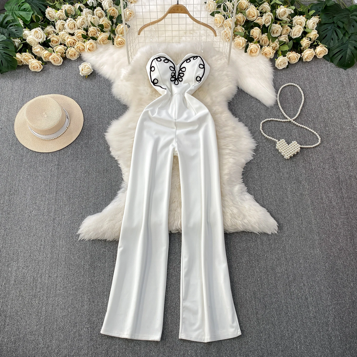 

Female Padded Elegant Playsuit Sexy Lady Luxury Dinner Banquets Onesie Rompers Embroidery Wide Leg Pants Party Evening Playsuits