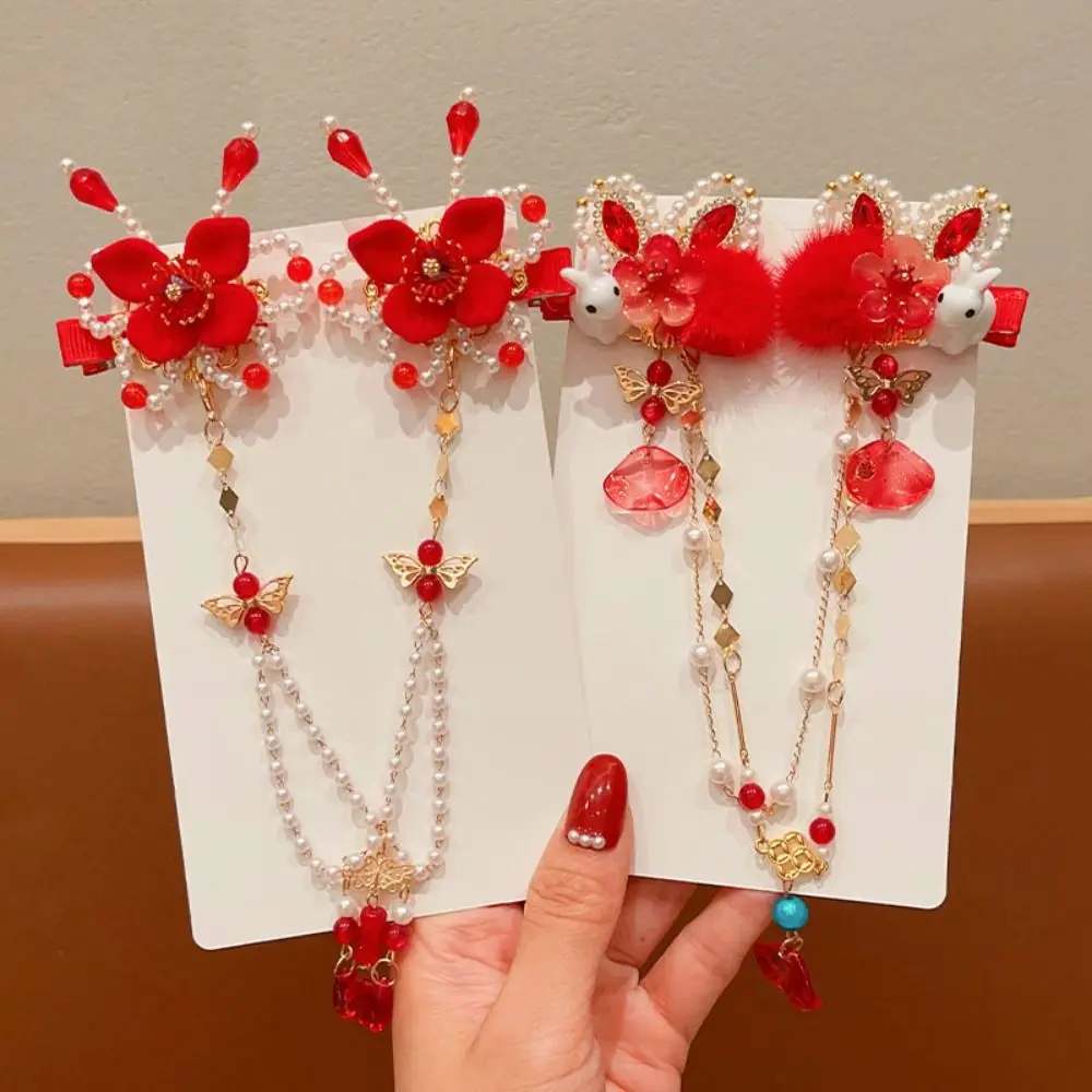 

Princess Children's New Year Hairpin Hanfu Headwear Tang Suit Chinese Style Red Barrettes Cute Tassel Ancient Style Hair Clip