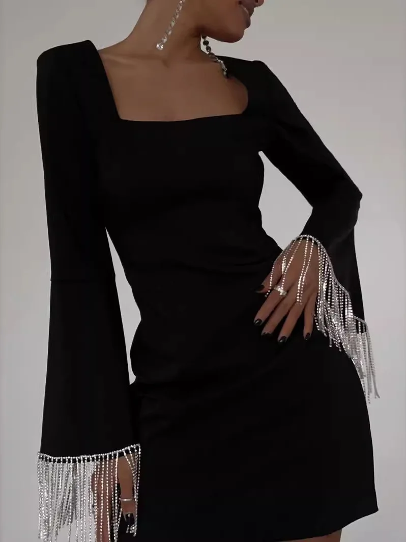 

Faionable Tassel Detail Midi Bla Dr Bell Sve Sexy Sle for Par Wedding Date Cany Dinner Celebration Everyday ...