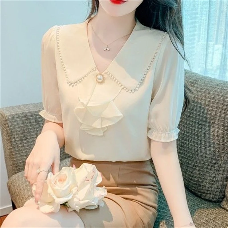 Women Stylish Ruffles Beaded Lace Blouses Elegant Sweet Chic Short Sleeve Shirts Summer Solid Slim Chiffon Tops Blusa De Mujeres