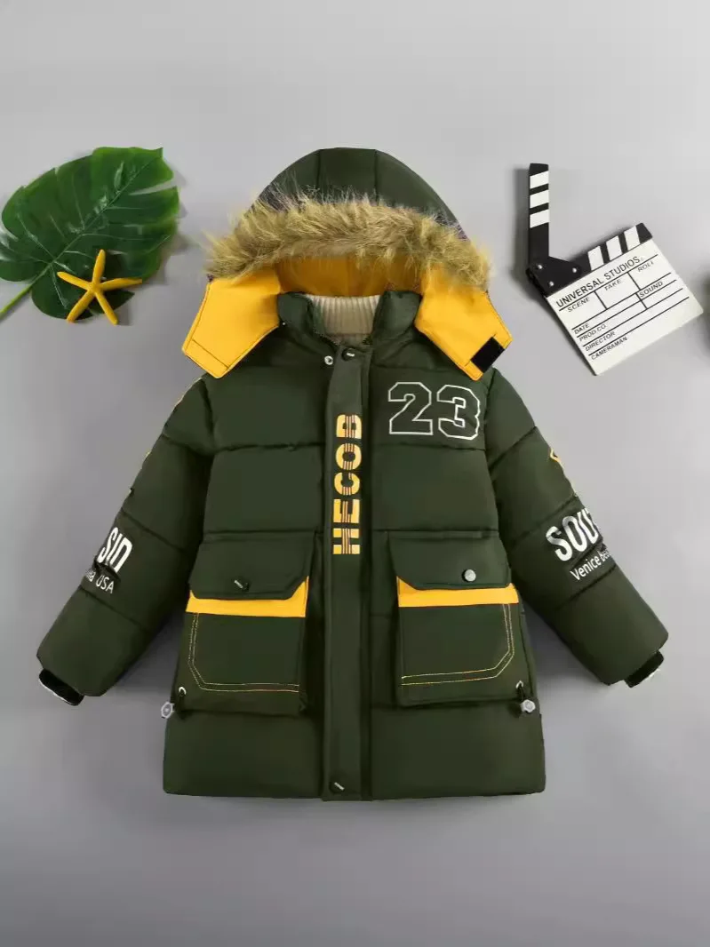 5 6 8 10 Years Boys Jacket 2024 Winter Thicken Warm Long Hooded Down Cotton Windbreaker Coat For Kid Fashion Children\'s Clothing