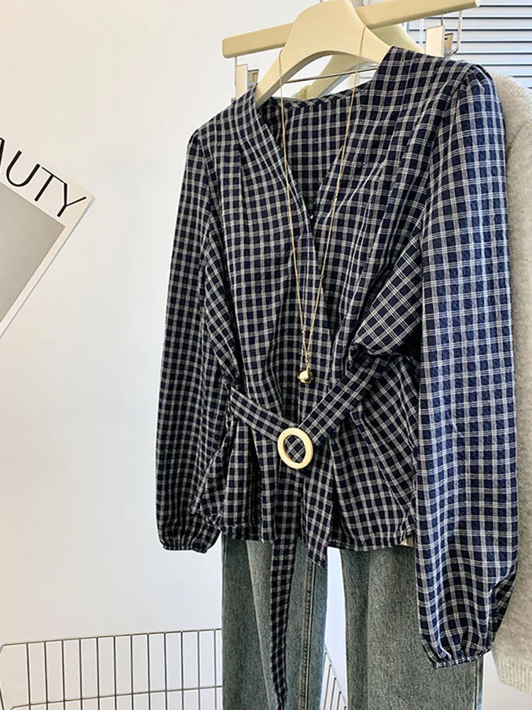 

Korean Sle Plaid V-Ne Waist-Cinching Long Sve irt Women's Spring New High-End Feel Tie Waist Slimming Tummy Covering...