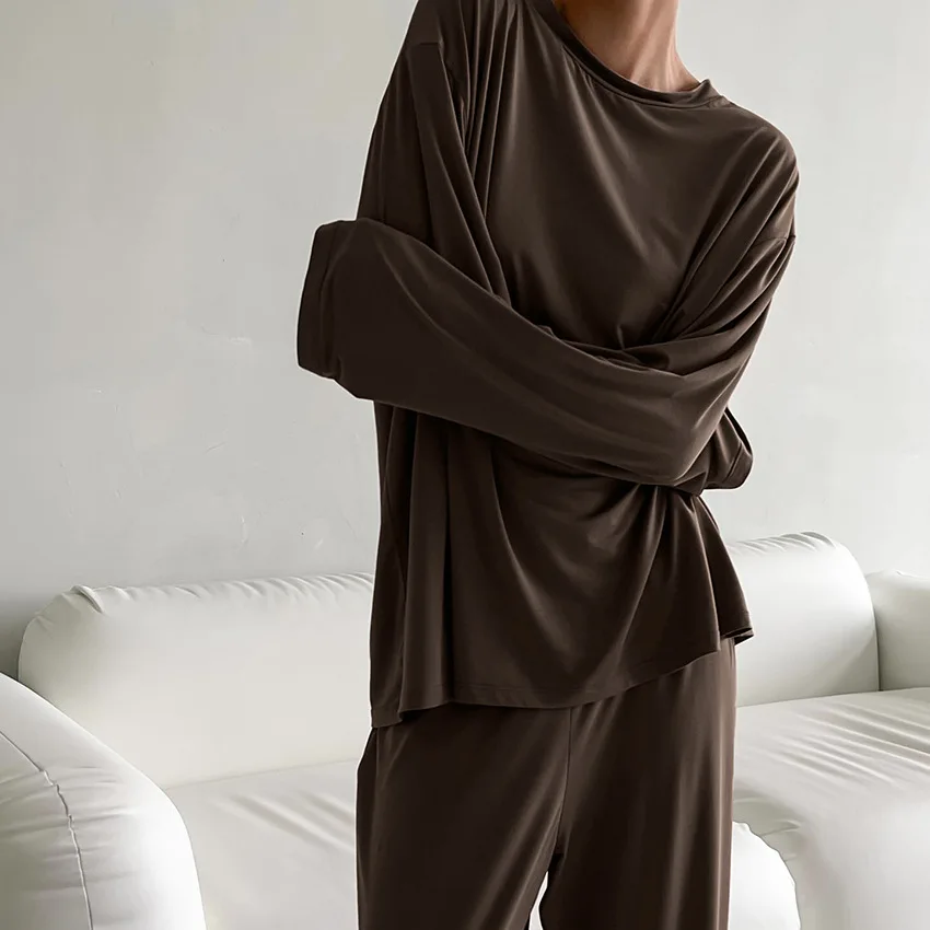 Women's Loose Fit Modal Pajamas Set Long Sleeve Crewneck Pullover Wide Leg Lounge Pants Two Pieces Stretchy Knit Loungewear Suit
