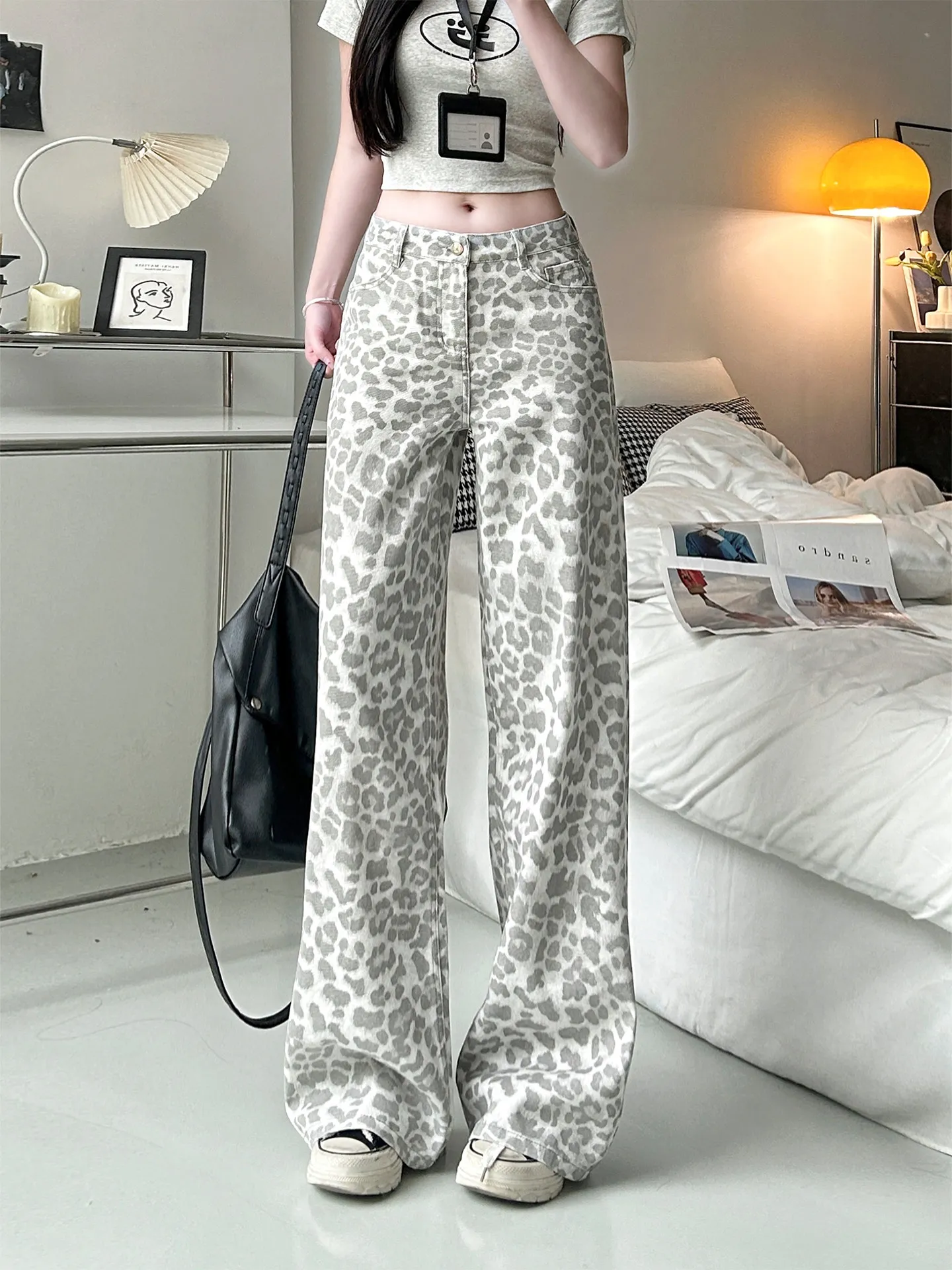 Calças Jeans Americanas Retrô com Estampa de Leopardo, Perna Larga, Cintura Alta, Soltas e Fluídas, Comprimento Total, Unisse...