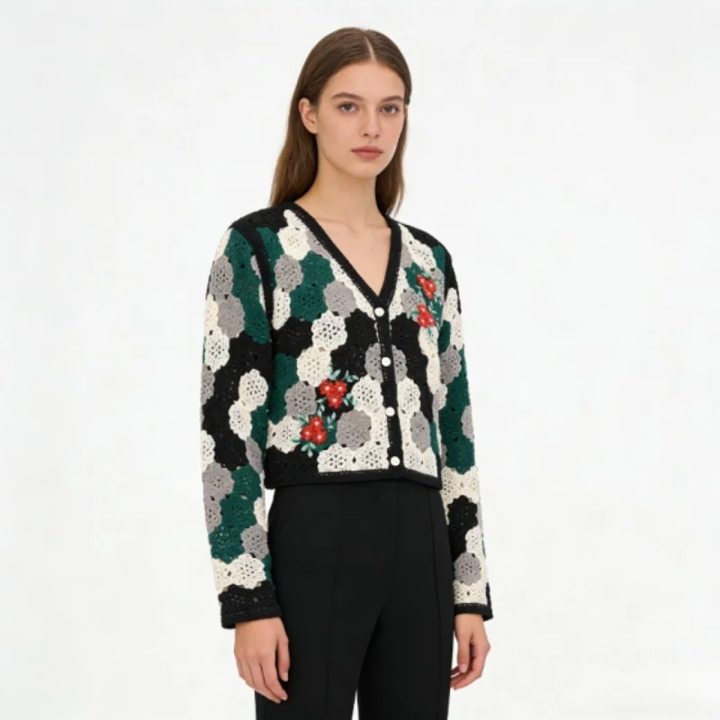 

E-BAIHUI Women Bohemian Floral Crochet Cardigan Hollow Out Long Sleeve Open Front Sweater Ladies Trendy Knitted Slim V Neck Top