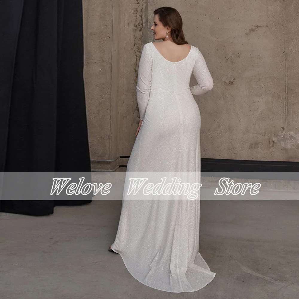 Elegant Schede Slit Trouwjurk Lange Mouwen Shine Bridal Gown Sweep Trein Plus Size 2022 Nieuwe Strand Robe De Soriee femme Zip