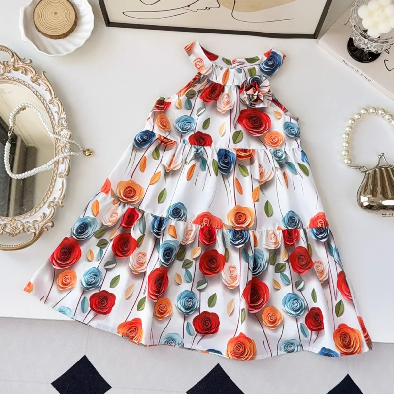 

Fashion New Girls' Dress Summer Sleeveless Halter Neck Floral Print Children's Dress Hot-Selling Kids' Clothing