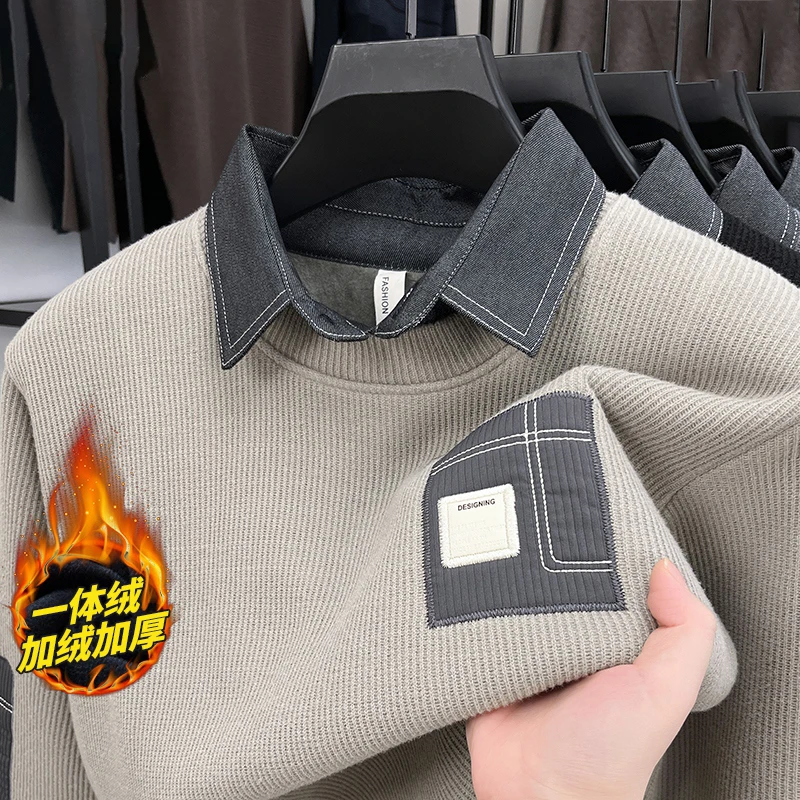 

Thiened Faux Two-Piece Knitted Sweater with irt Collar Base Layer Winter Busin Casual Sle Long Sve Polyester Fiber