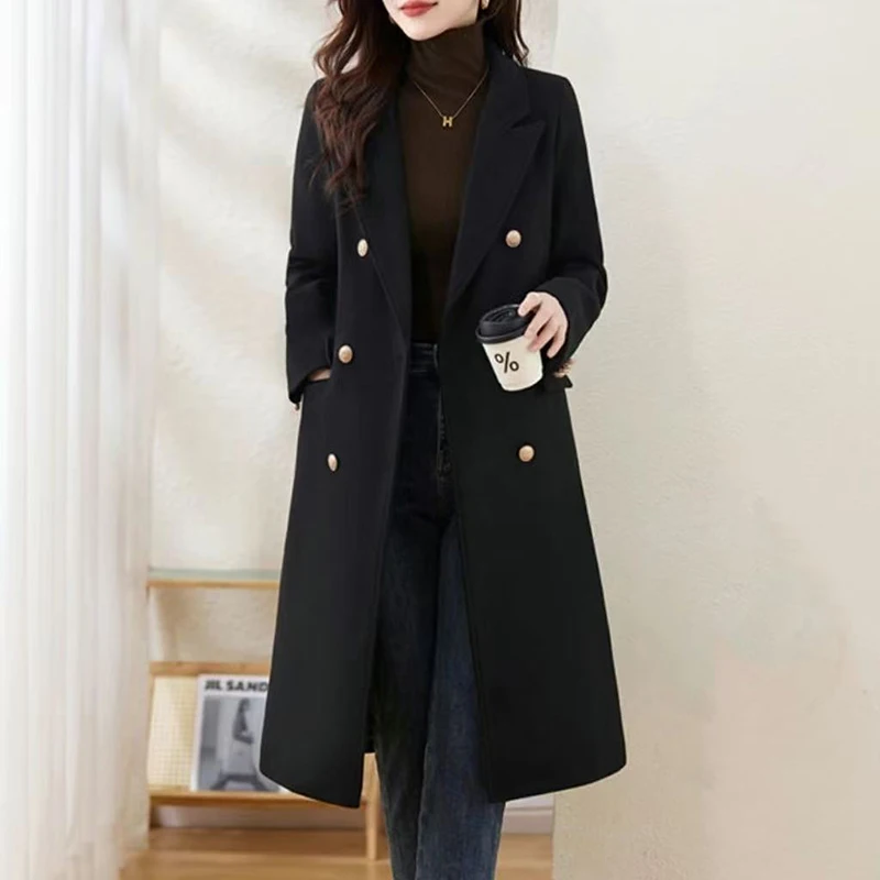 Autumn Winter Wool Coat Blazer Women 100% Wool Double-Breasted Jacket 2025 New Long Coat Ladies Trench Coat