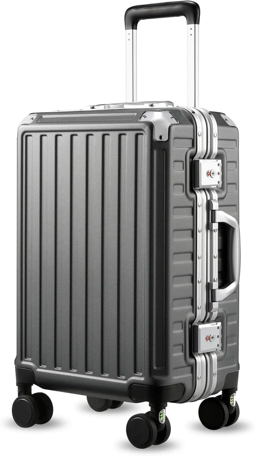 

20 Inch Aluminum Frame Hard Shell Spinner Suitcase, Zipperless Design, Charcoal Metallic