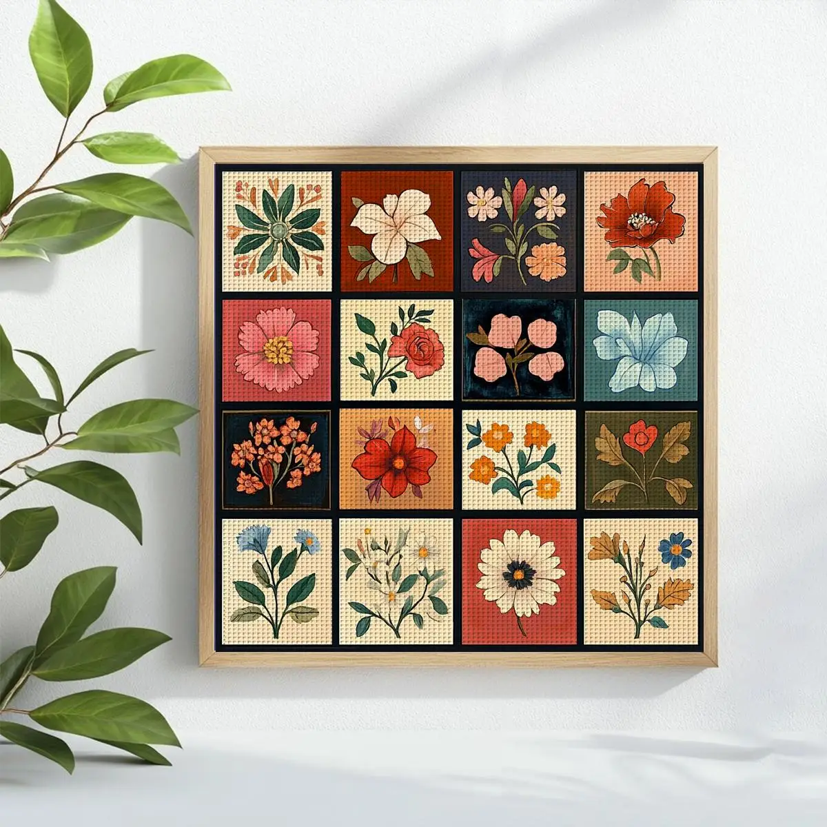 1 Stück 40x40 cm/15,74 Zoll 16-Gitter-Muster Blumen-Stempel-Kreuzstich-Set DIY-Set 11CT/14CT DIY-Stickerei-Set DIY-Kreuzstich-Set – Detail 1