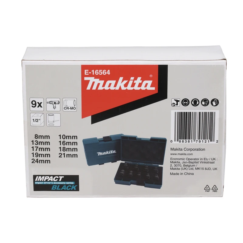 Makita Original E-16564 Impact Socket Set Spanner Set Chromium Molybdenum Material Durable Tool Accessories 9-Piece 1/2 Inch