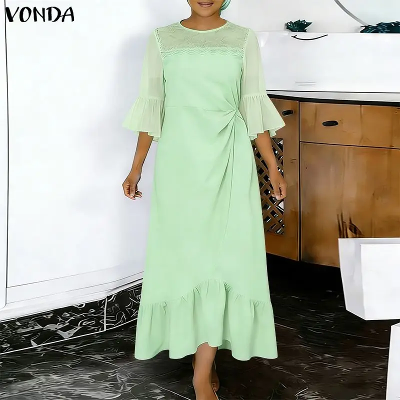 

Women Plus Size Dresses VONDA Summer Autumn Half Sleeve Lace Patchwork See-through Sleeve Streetwear Vestidos OL Party Dress