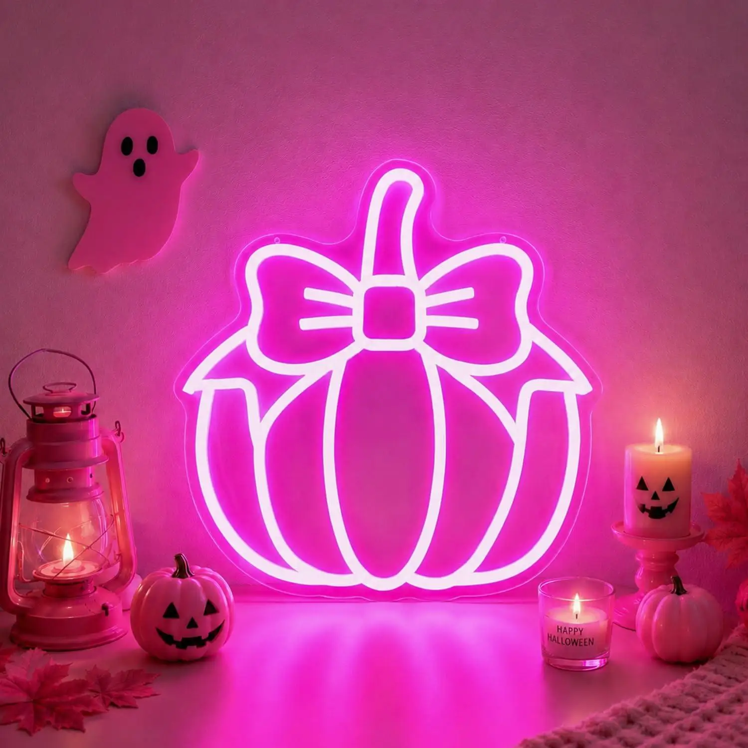 Bow Pink Pumpkin Neon Sign Usb Dimmable Led Wall Light Thanksgiving Halloween Themed Decor For Bedroom Game Room Bar Party Gift