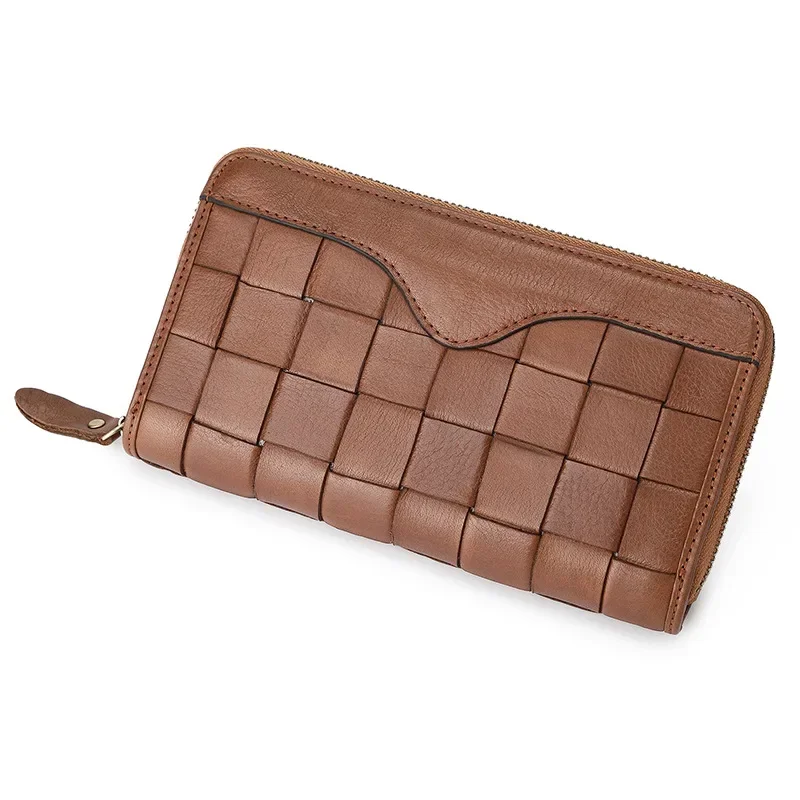 2027 New Fashion Business Men's Woven Wallets Cow Genuine Leather Long Organizer Wallet Weave Boy Brand Luxury Card Holder Purse
