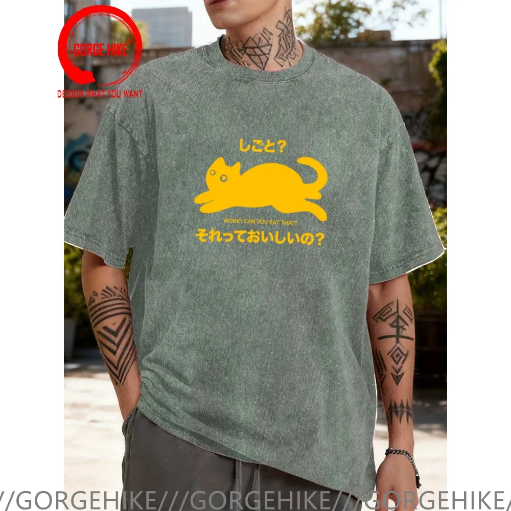 Vintage Washed Cotton T-Shirt Funny Designer Kawaii Funny Black Cat Lazy Kitty T Shirt Men Fashion Trendy Casual Clothing Stylis