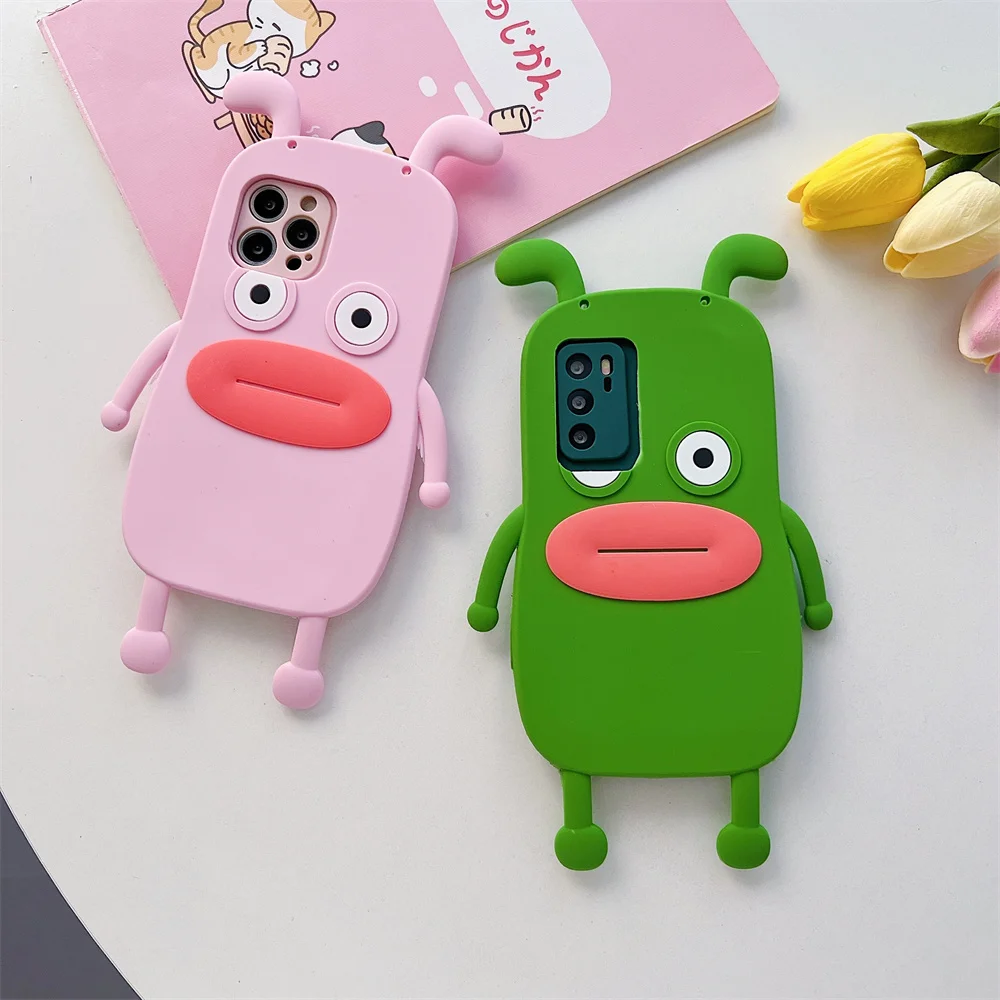 Quirky Cute Frog Alien Monster Phone Case for 17 Pro Max Crossbody Strap Soft Silicone Fun Protective Cover for iPhone 16 15 14
