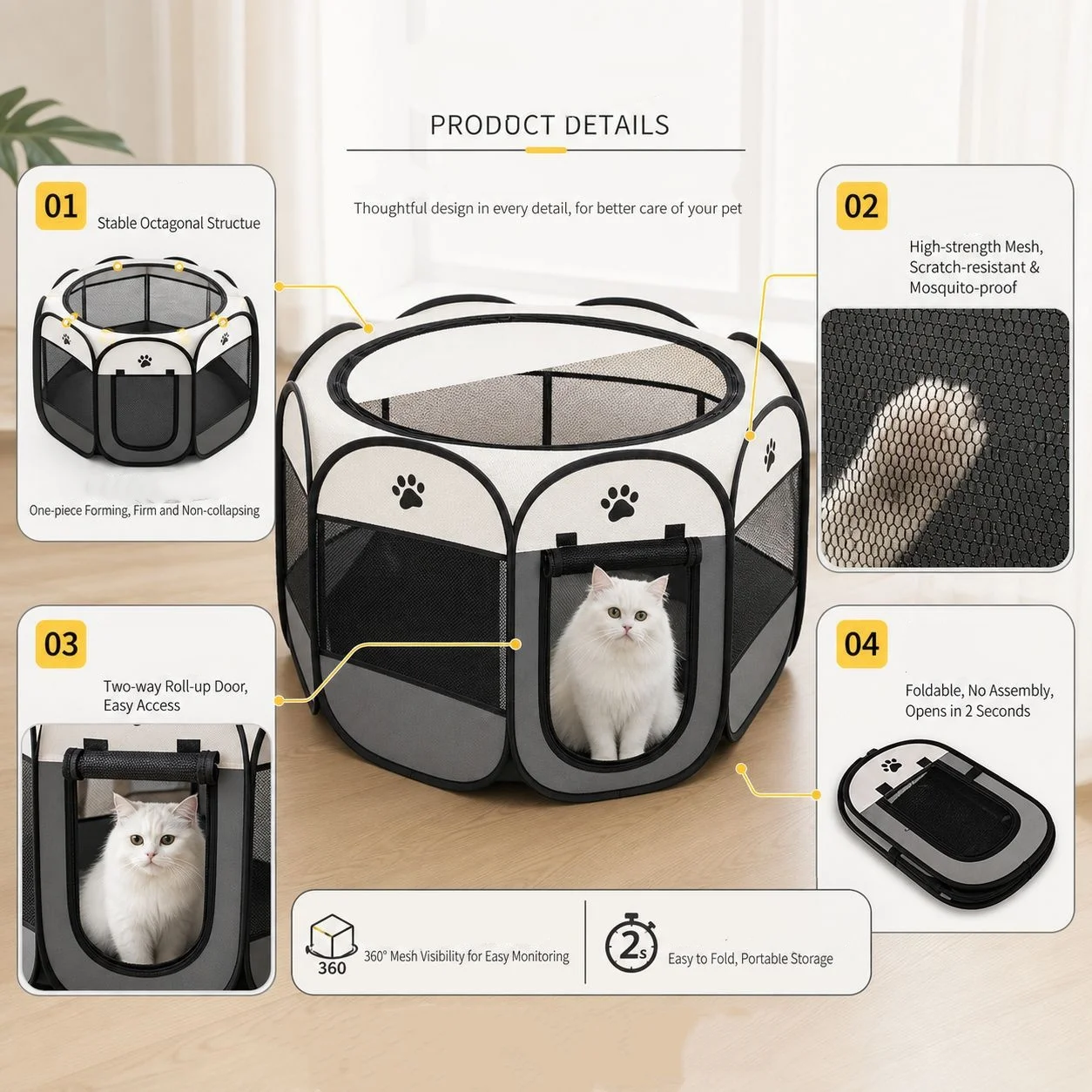 Octagonal Pet Playpen Tent, Foldable Closed Cat Maternity Nest, Dog Puppy Kennel Fence, Portable Cat Whelping Box for Pregnancy