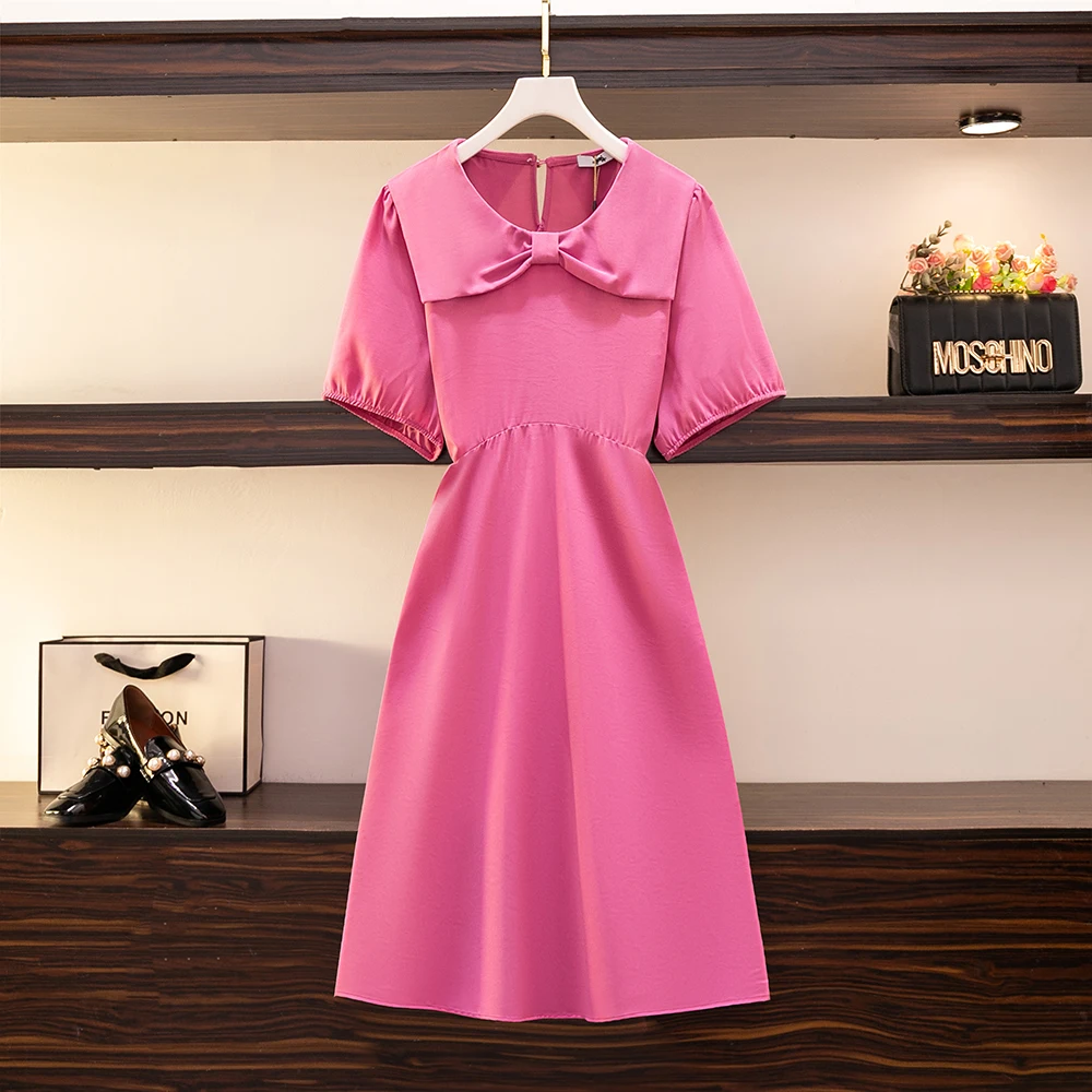 Plus size women\'s summer casual dress Black pink polyester fabric loose comfortable skirt mid-length party dress 2024