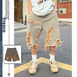 Casual Shorts Street Washed Distressed Raw Hem Ripped Denim Retro Men Clothing Summer Loose Straight Knee Length Solid Pants