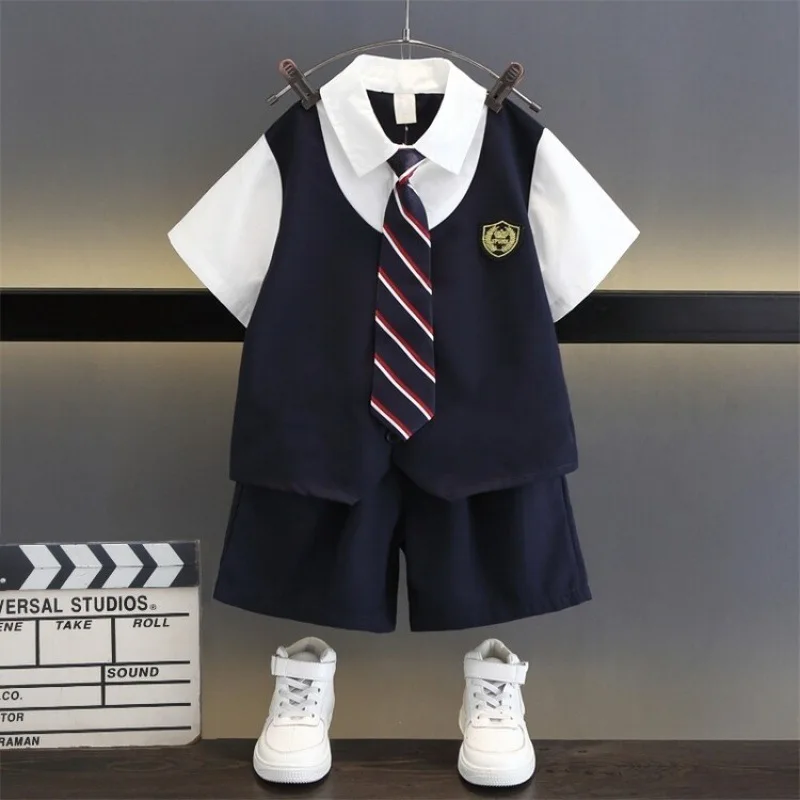 

Boys and Girls Two-piece Summer Suit Suit British Style Children's Fake Two-piece Thin Short-sleeved Shorts Academy Suit