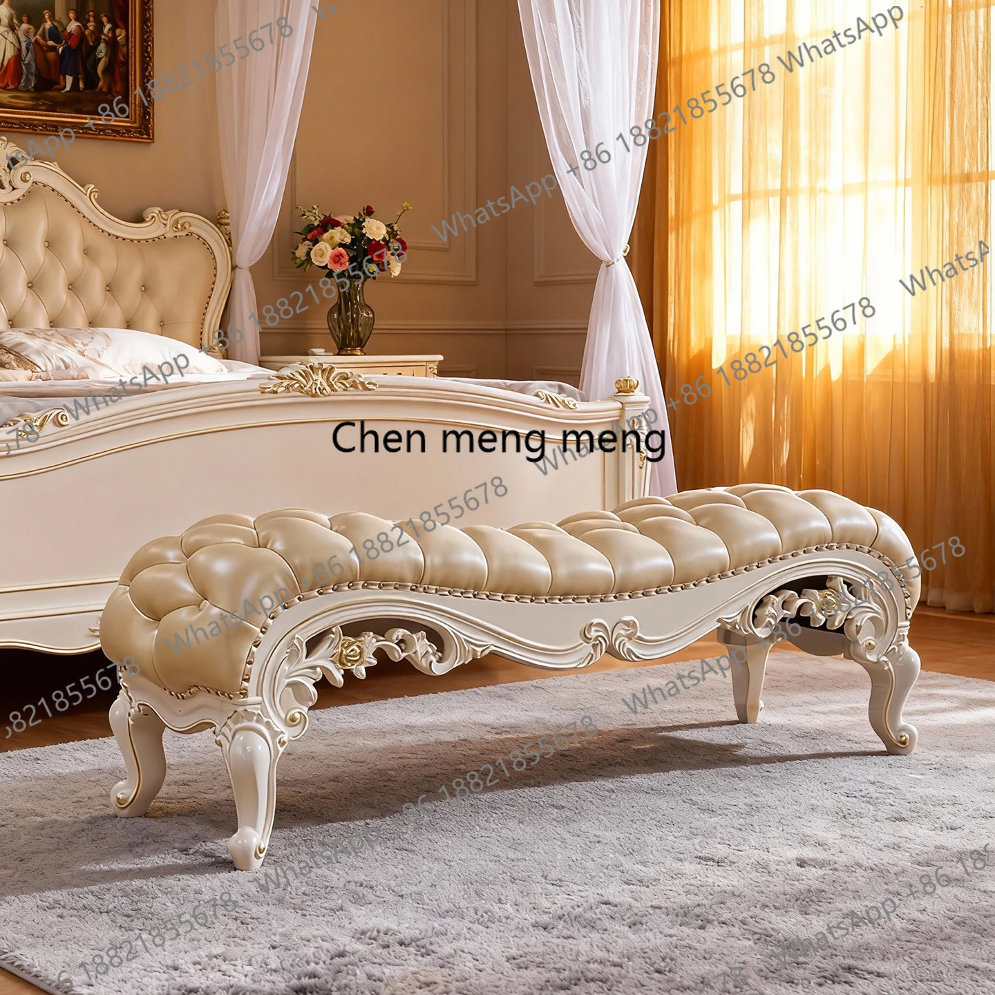 

French aft stool leather European bedroom shoe change high-end bedside bench household solid wood bedside stool