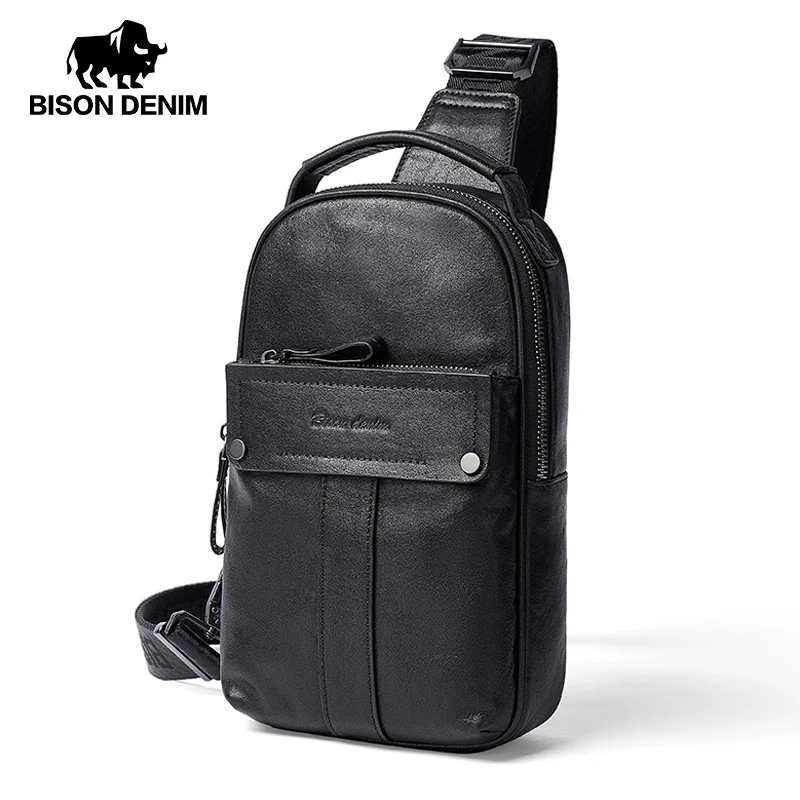 BISON DENIM New Designer Cowhide Leather Chest Bag Vintage Fashion Crossbody Men\'s Business Bag Travel Casual Shoulder Bag