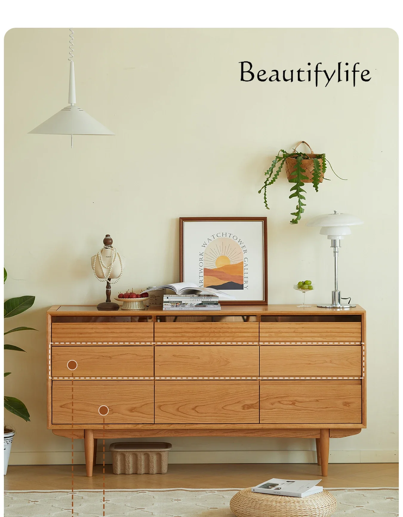 YY All Solid Wood Nine-chest Cabinet, Cherry Wood Nordic Retro Bedroom, Bedside Living Room Storage, Drawer Side Cabinet