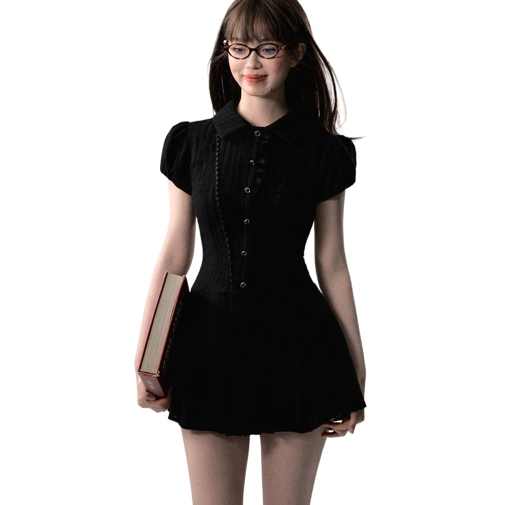 High Quality Dress Elegant Sexy Lace Decoration Retro Dress Vestido Y2k A-line Short Sleeved Shirt Skirt Commuting College Style