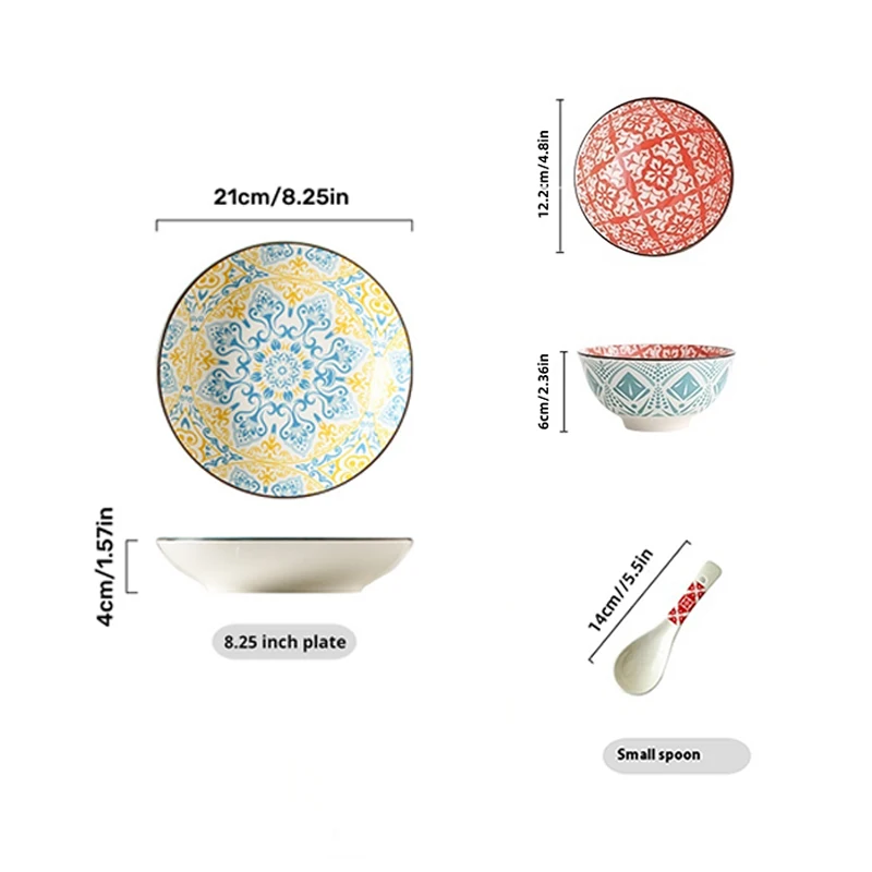 12-Piece Bohemian Dinnerware Set for 4 People, Household Plates Bowls Spoons, Oven/Microwave/Dishwasher Safe