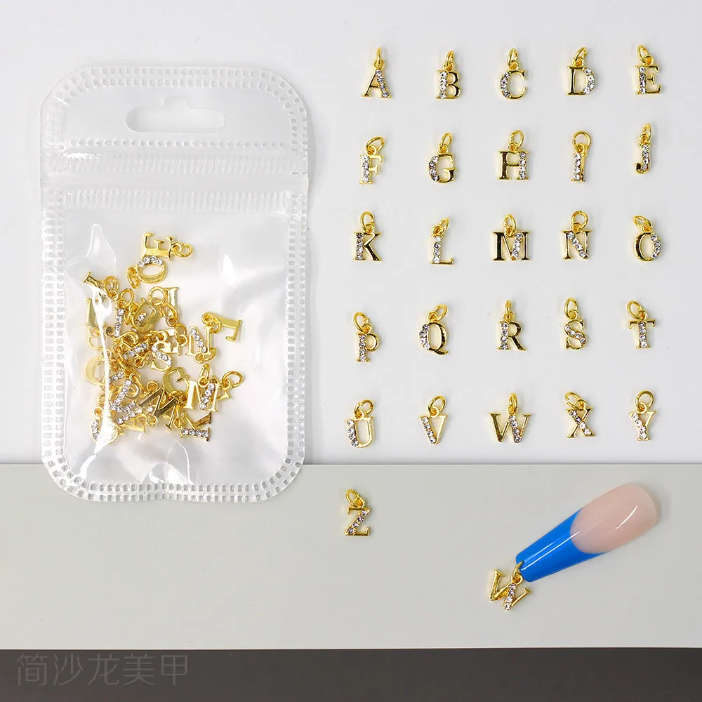 26 قطعة معدنية 26-الأبجدية ثقب حلقة مسمار سحر الذهب/الفضة الإنجليزية إلكتروني سبيكة الراين جوهرة DIY بها بنفسك ثلاثية الأبعاد مسمار الفن الديكور